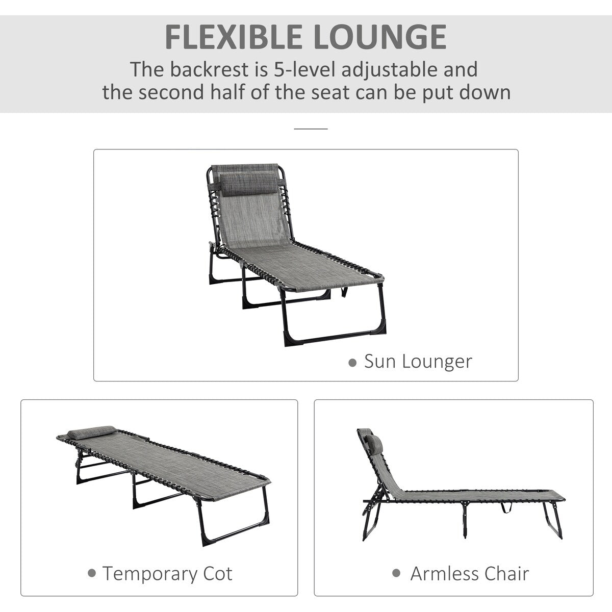 Reclining Chaise Lounge Chair, Portable Sun Lounger, Folding Camping Cot