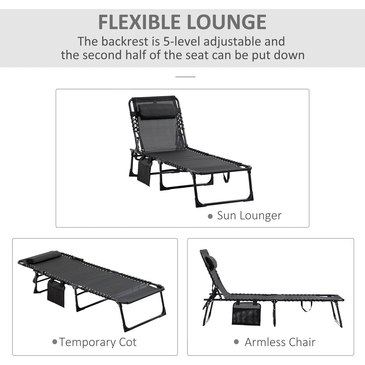 Reclining Chaise Lounge Chair, Portable Sun Lounger, Folding Camping Cot