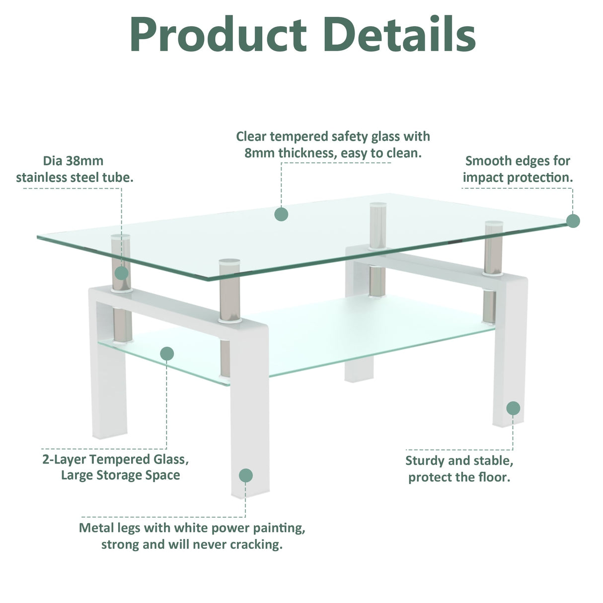 Rectangle 2-Tier Glass Coffee Table with Metal Legs,Modern Side Center Table
