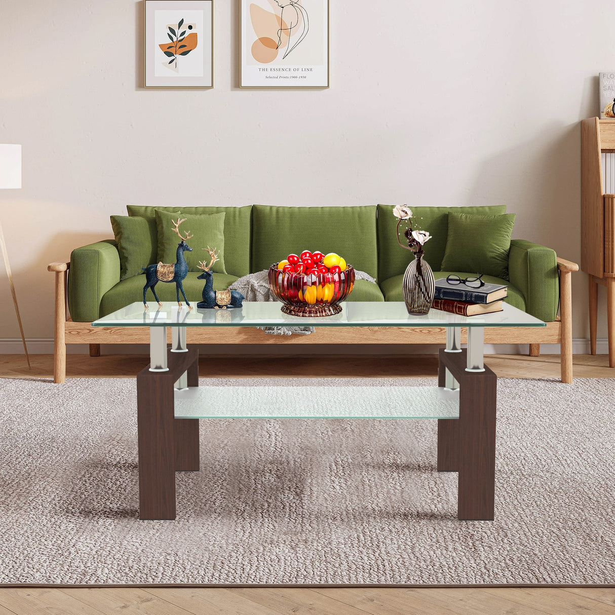 Rectangle 2-Tier Glass Coffee Table with Metal Legs,Modern Side Center Table
