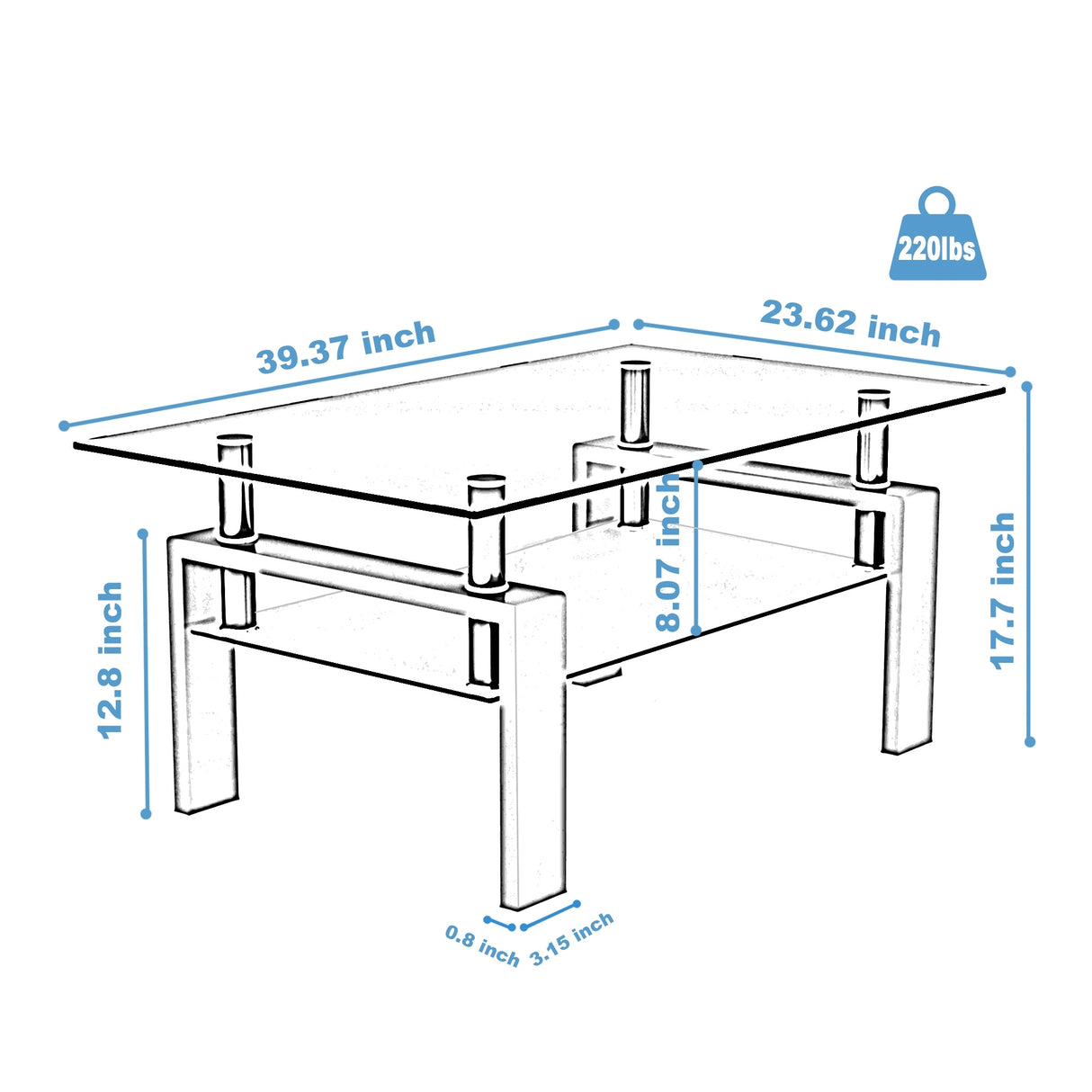 Rectangle 2-Tier Glass Coffee Table with Metal Legs,Modern Side Center Table