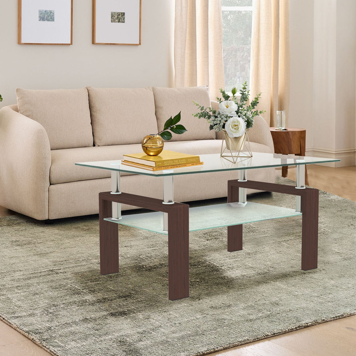 Rectangle 2-Tier Glass Coffee Table with Metal Legs,Modern Side Center Table
