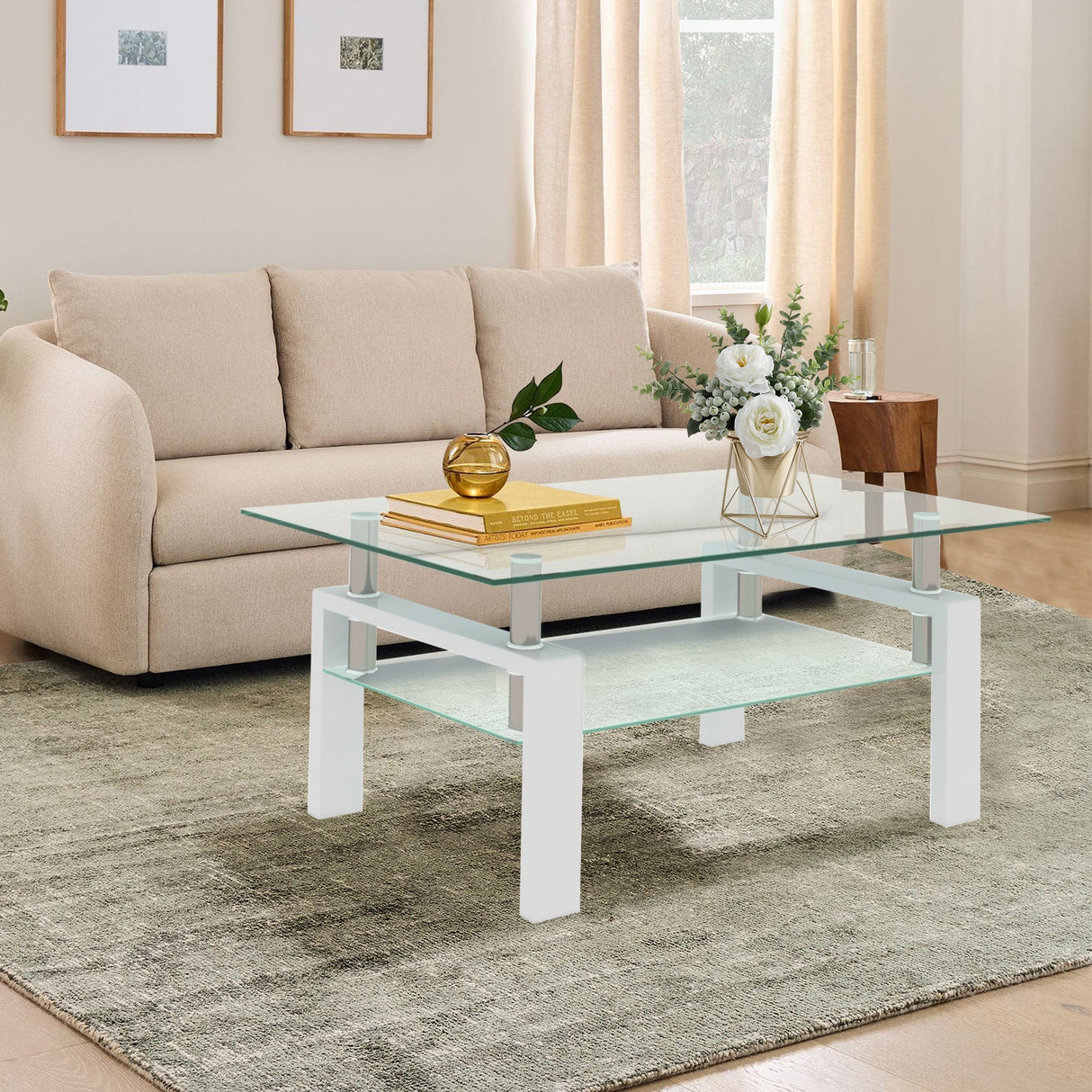 Rectangle 2-Tier Glass Coffee Table with Metal Legs,Modern Side Center Table