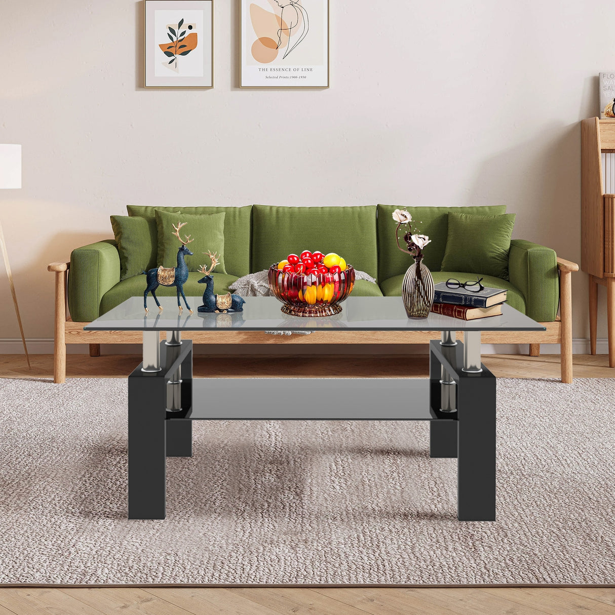 Rectangle 2-Tier Glass Coffee Table with Metal Legs,Modern Side Center Table