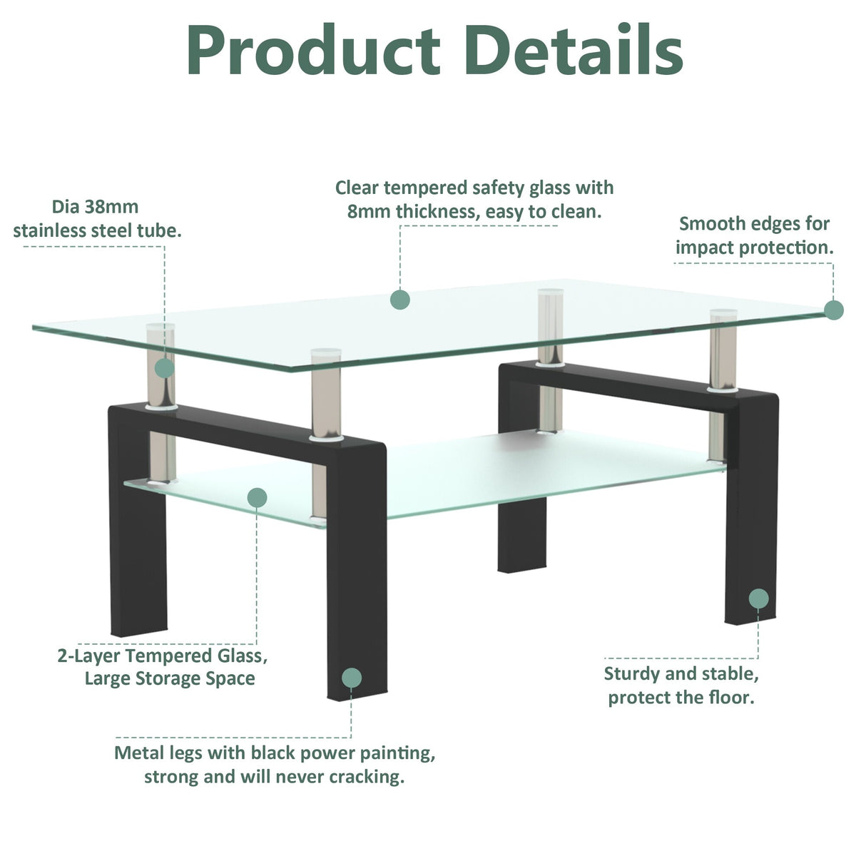 Rectangle 2-Tier Glass Coffee Table with Metal Legs,Modern Side Center Table