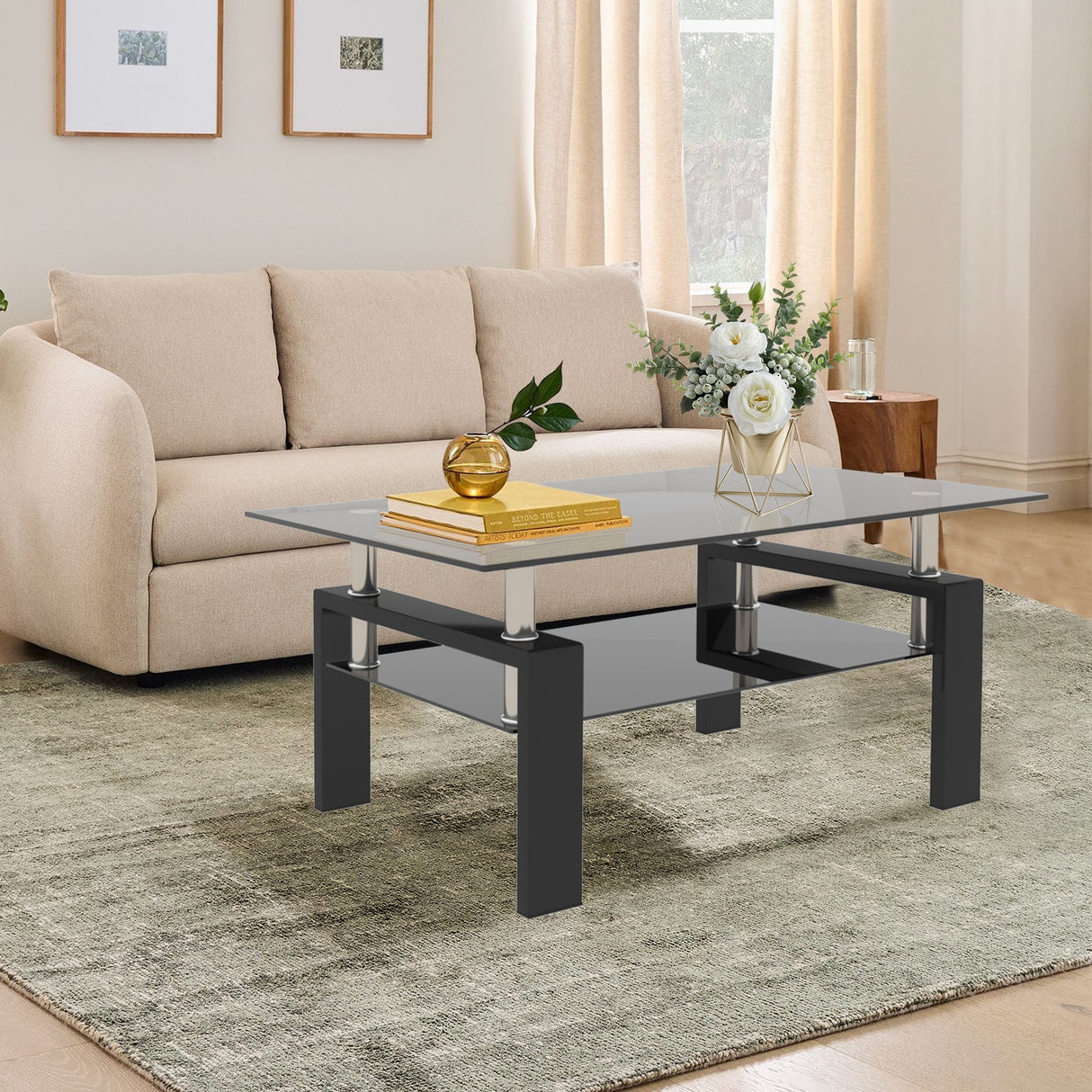 Rectangle 2-Tier Glass Coffee Table with Metal Legs,Modern Side Center Table