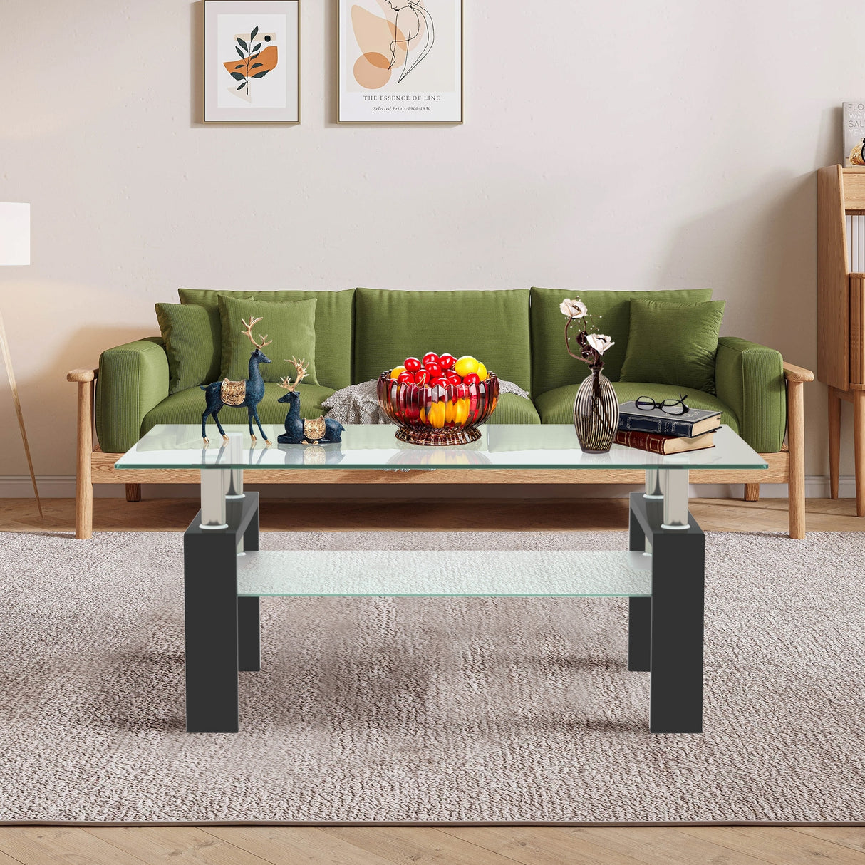 Rectangle 2-Tier Glass Coffee Table with Metal Legs,Modern Side Center Table