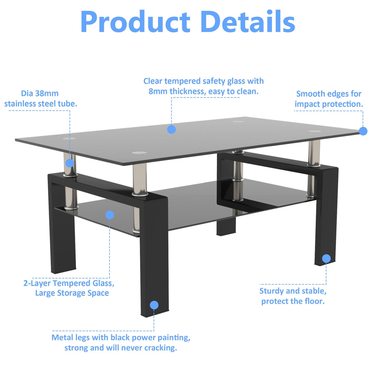 Rectangle 2-Tier Glass Coffee Table with Metal Legs,Modern Side Center Table