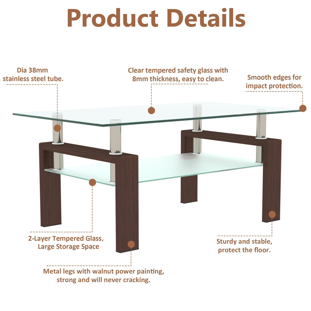 Rectangle 2-Tier Glass Coffee Table with Metal Legs,Modern Side Center Table