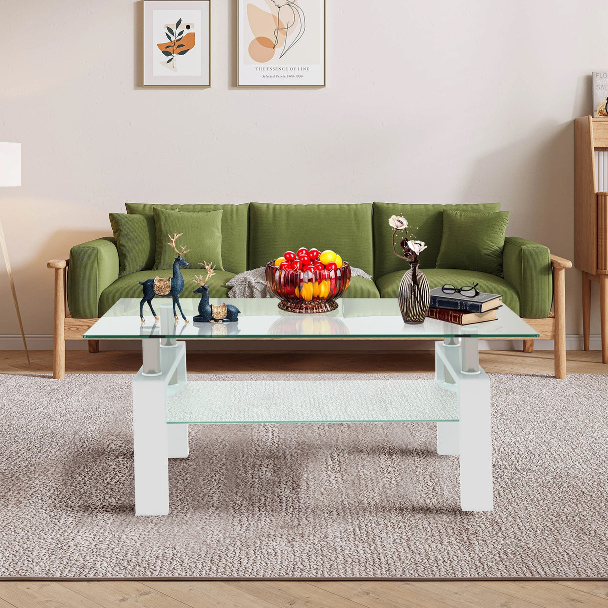 Rectangle 2-Tier Glass Coffee Table with Metal Legs,Modern Side Center Table
