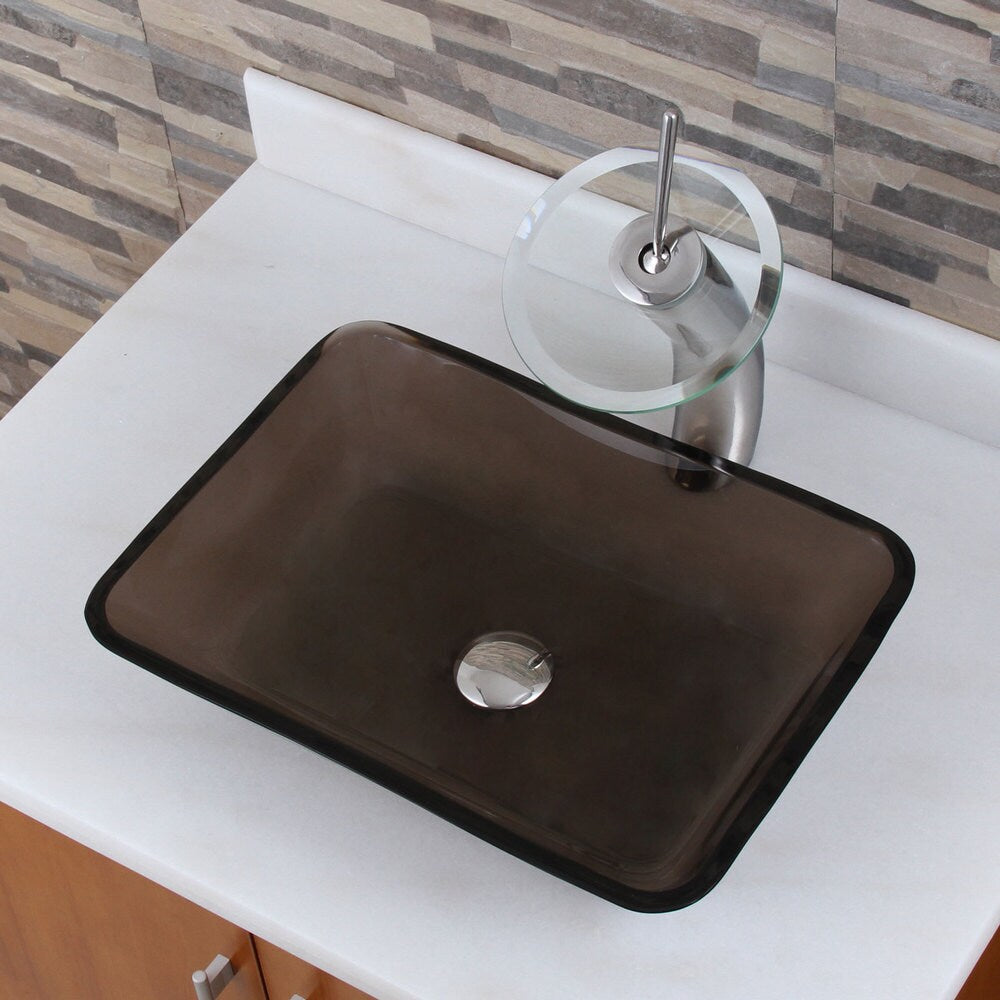 Rectangle Transparent Brown Tempered Glass Bathroom Vessel Sink