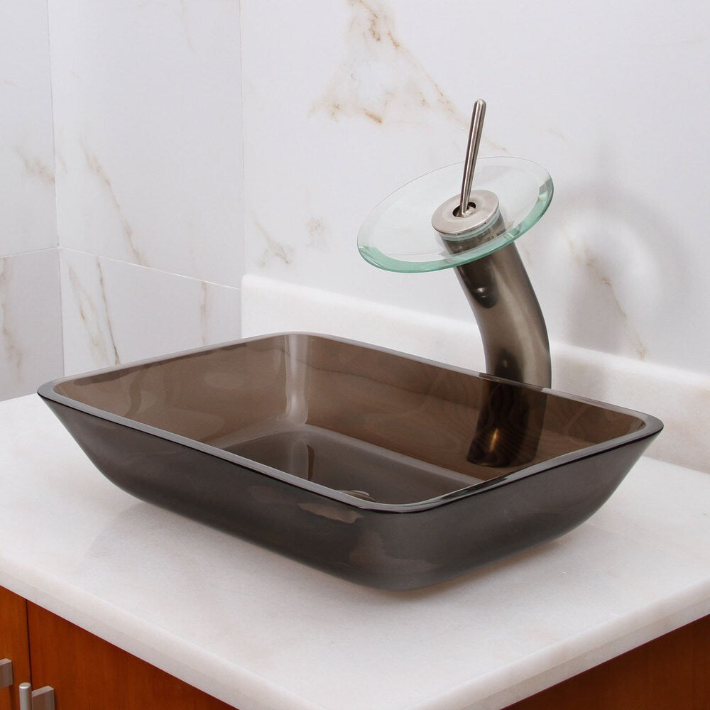 Rectangle Transparent Brown Tempered Glass Bathroom Vessel Sink