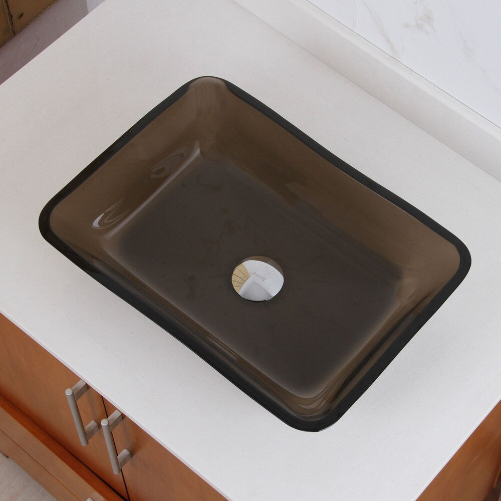 Rectangle Transparent Brown Tempered Glass Bathroom Vessel Sink