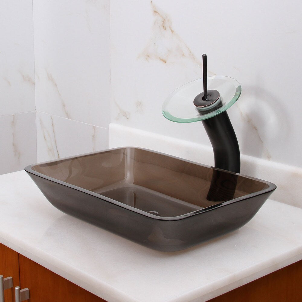 Rectangle Transparent Brown Tempered Glass Bathroom Vessel Sink