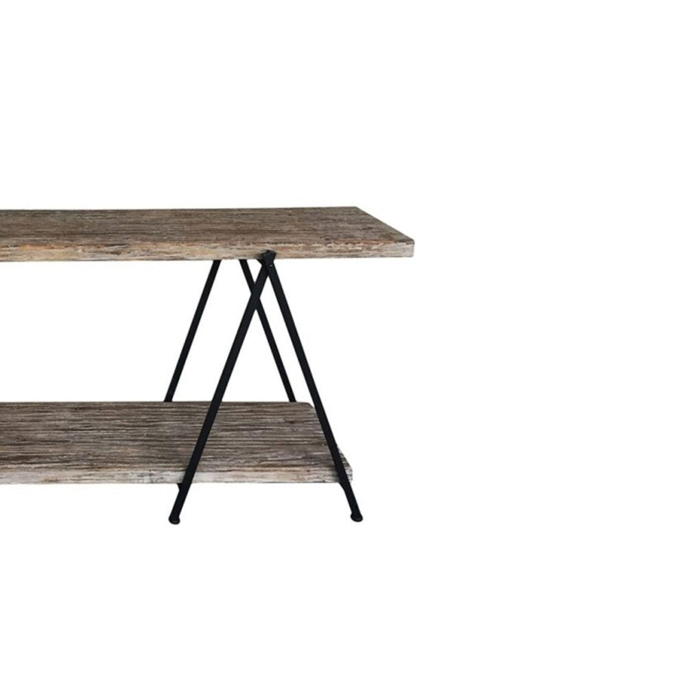 Rectangular Console Table with Bottom Shelf and V Shaped Iron Legs, Brown and Black