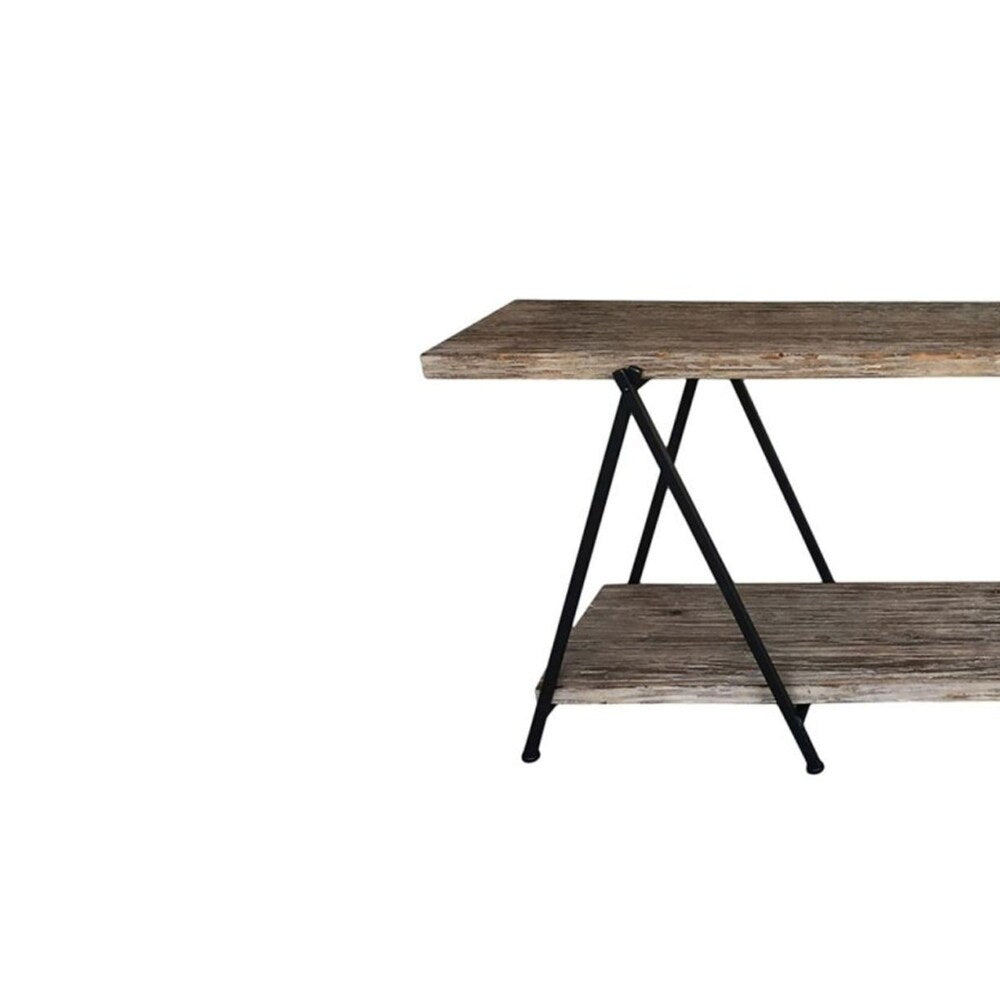 Rectangular Console Table with Bottom Shelf and V Shaped Iron Legs, Brown and Black