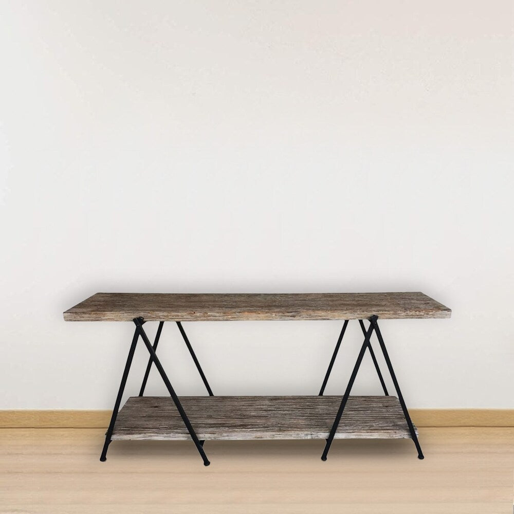 Rectangular Console Table with Bottom Shelf and V Shaped Iron Legs, Brown and Black