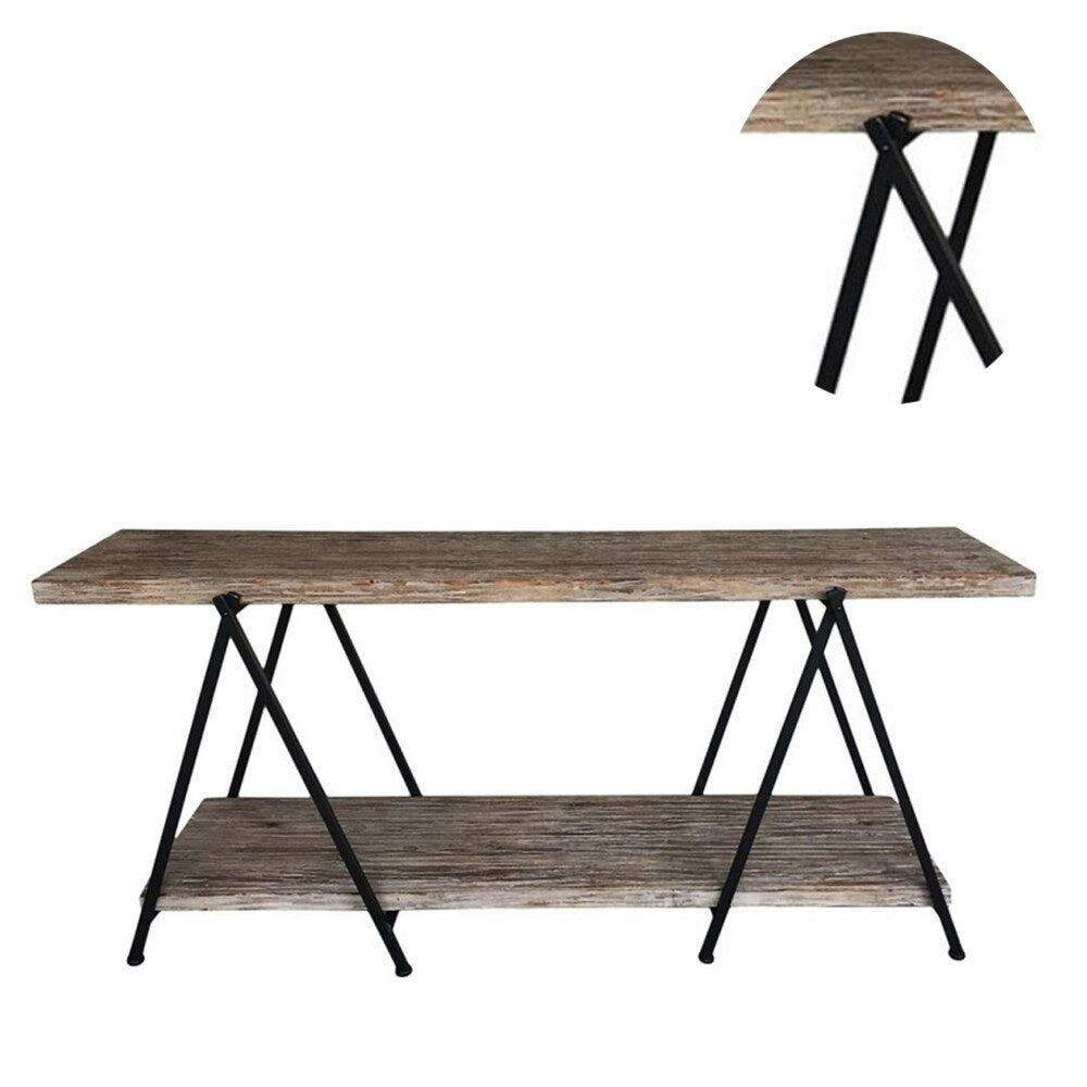 Rectangular Console Table with Bottom Shelf and V Shaped Iron Legs, Brown and Black