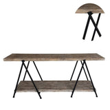 Rectangular Console Table with Bottom Shelf and V Shaped Iron Legs, Brown and Black