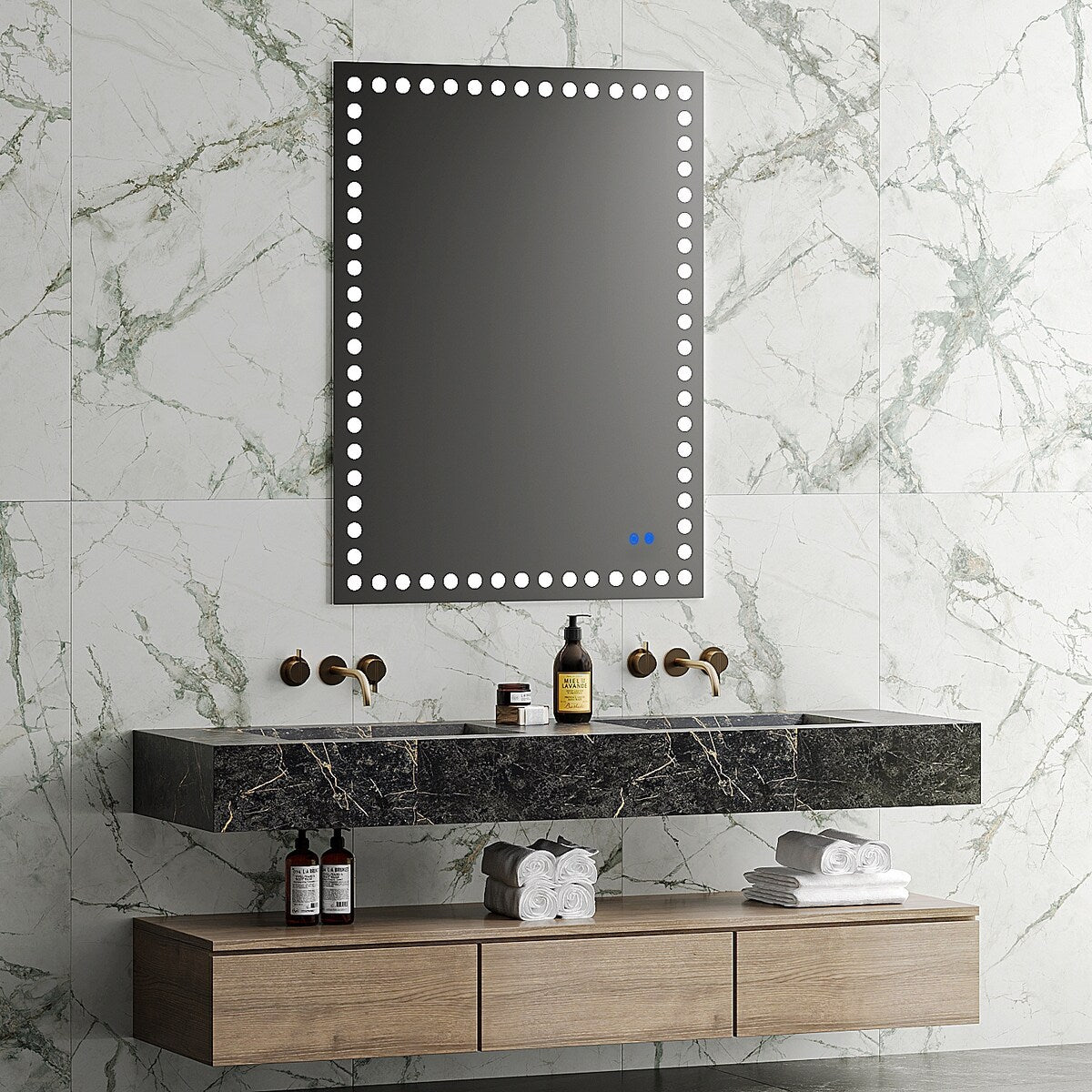 Rectangular Frameless LED Light Anti-Fog Wall Bathroom Vanity Mirror in Silver
