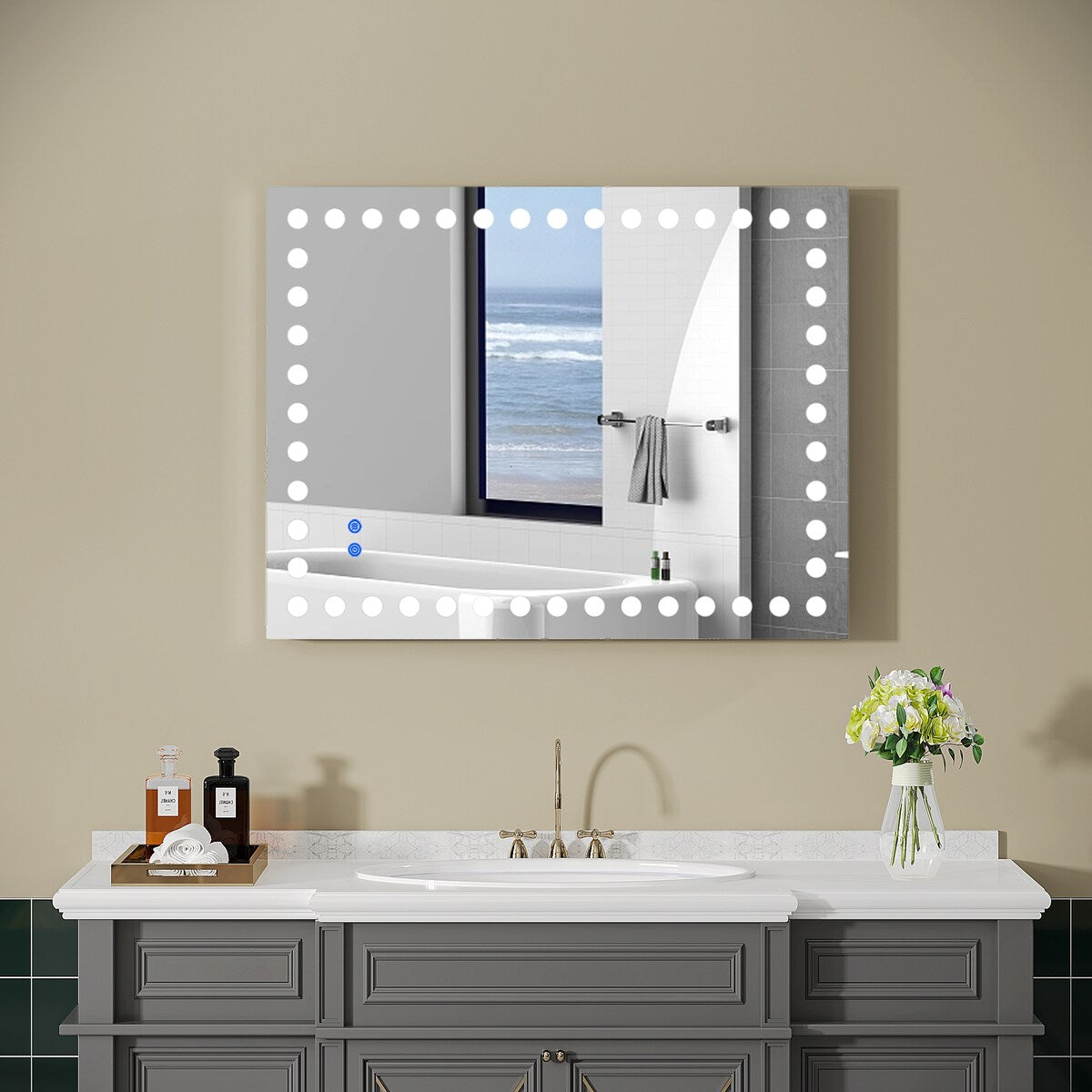 Rectangular Frameless LED Light Anti-Fog Wall Bathroom Vanity Mirror in Silver