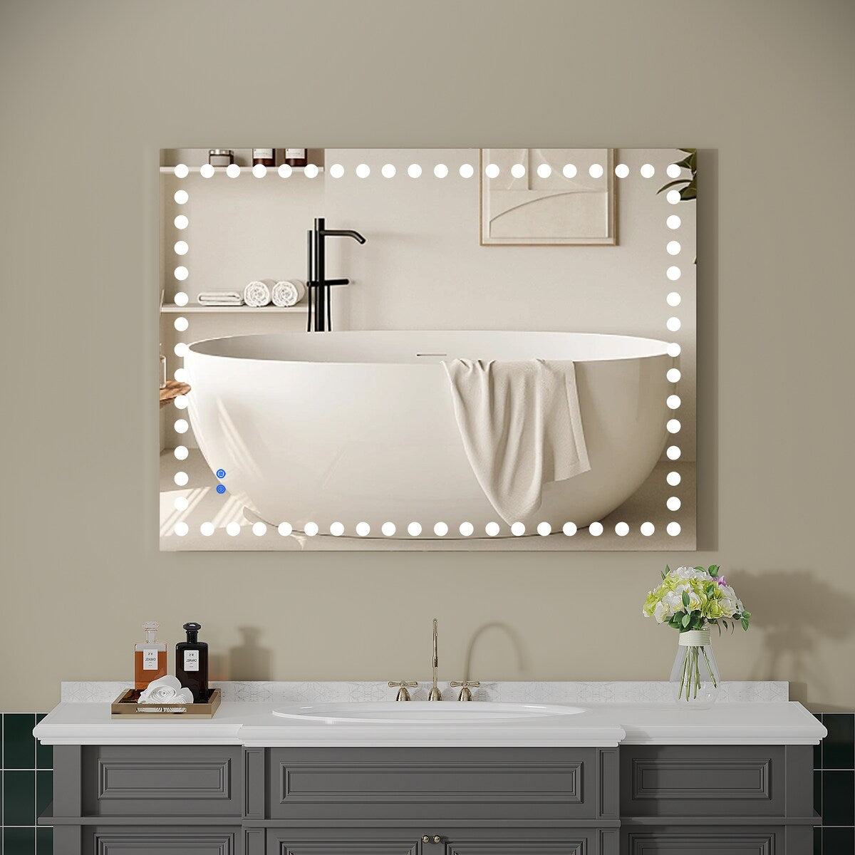 Rectangular Frameless LED Light Anti-Fog Wall Bathroom Vanity Mirror in Silver