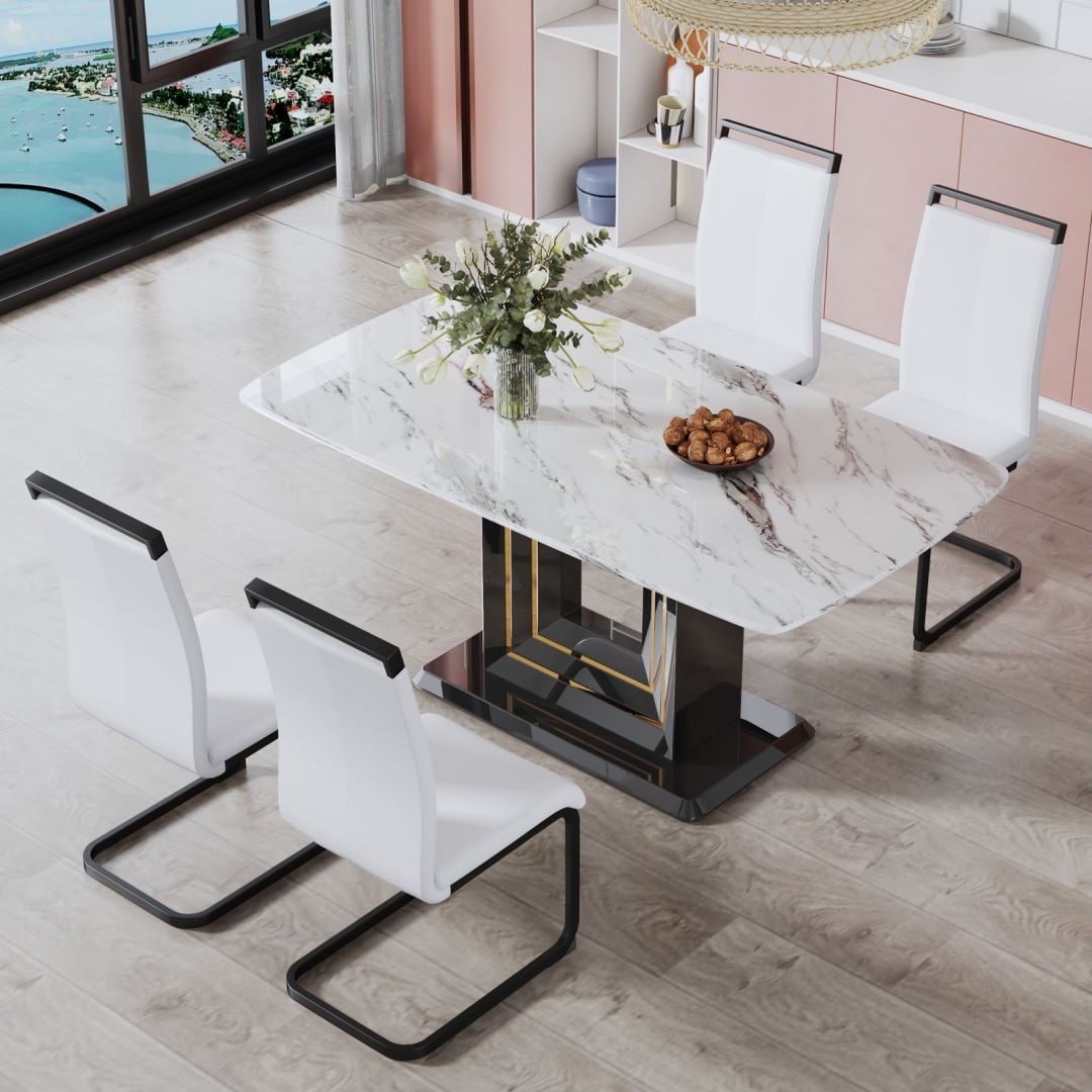 Rectangular Glass Dining Table Marble Top Sturdy Black MDF Bracket