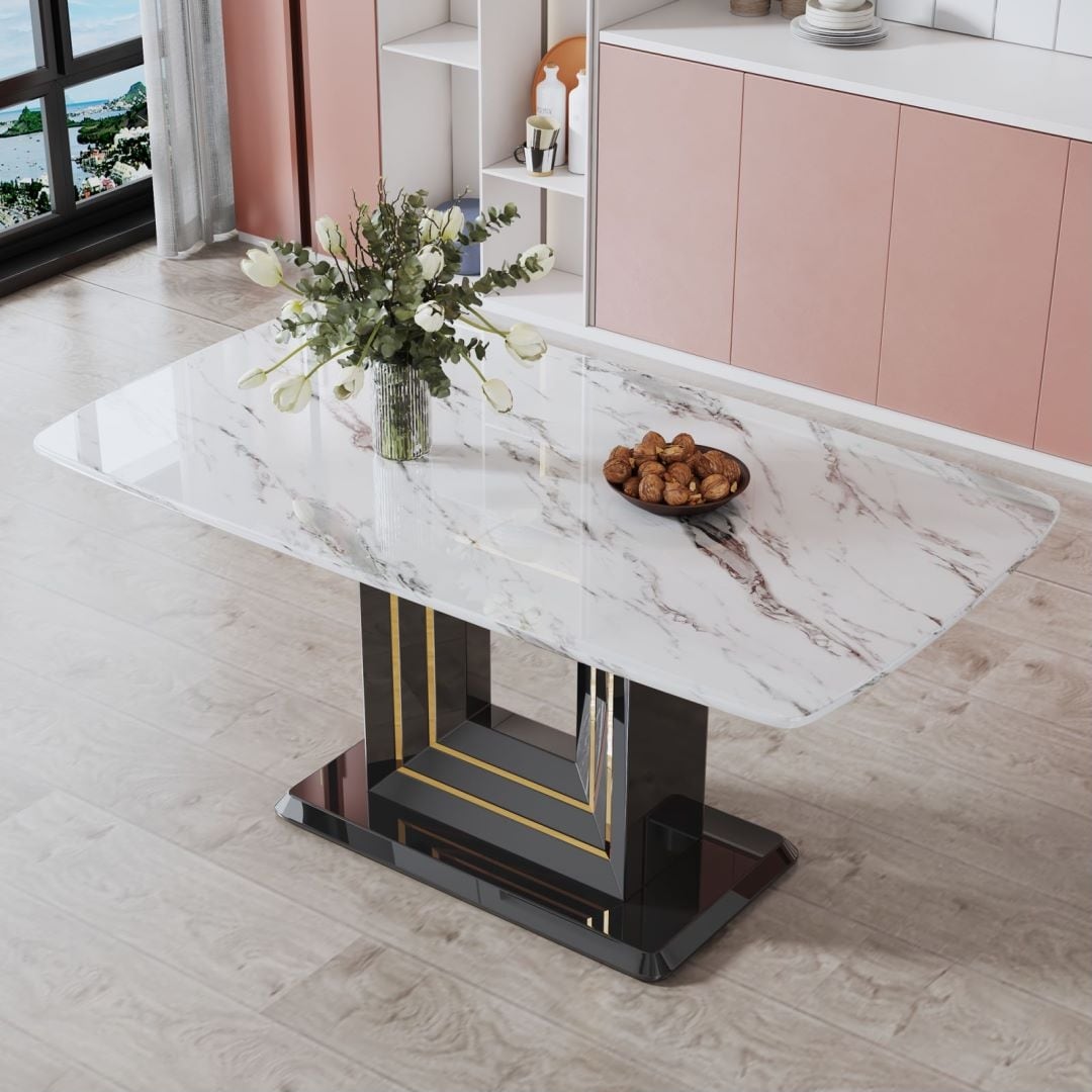 Rectangular Glass Dining Table Marble Top Sturdy Black MDF Bracket