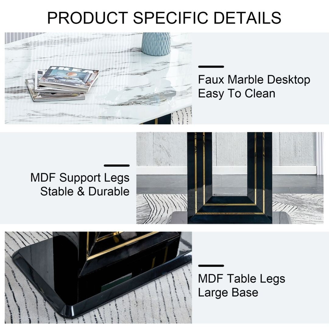 Rectangular Glass Dining Table Marble Top Sturdy Black MDF Bracket