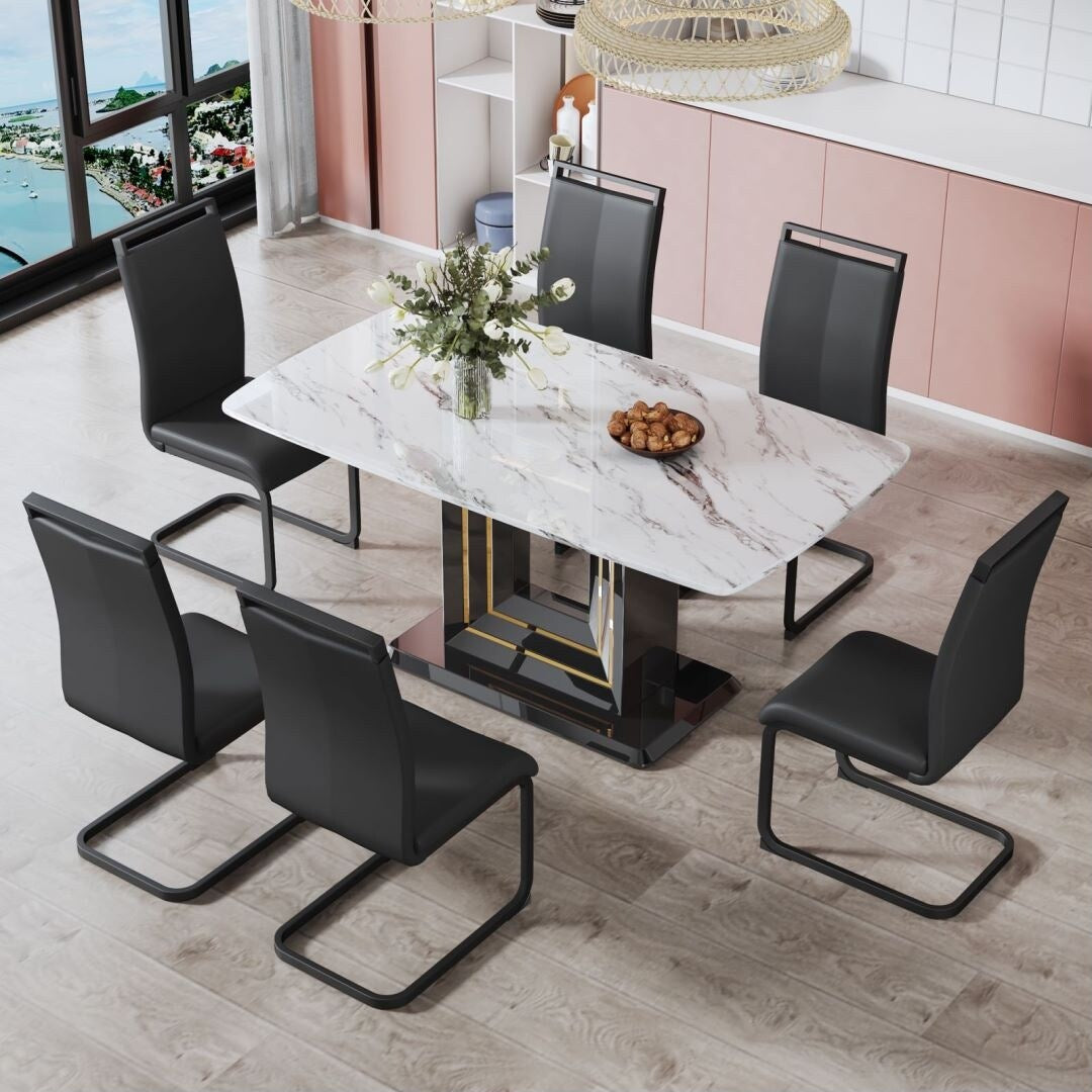 Rectangular Glass Dining Table Marble Top Sturdy Black MDF Bracket