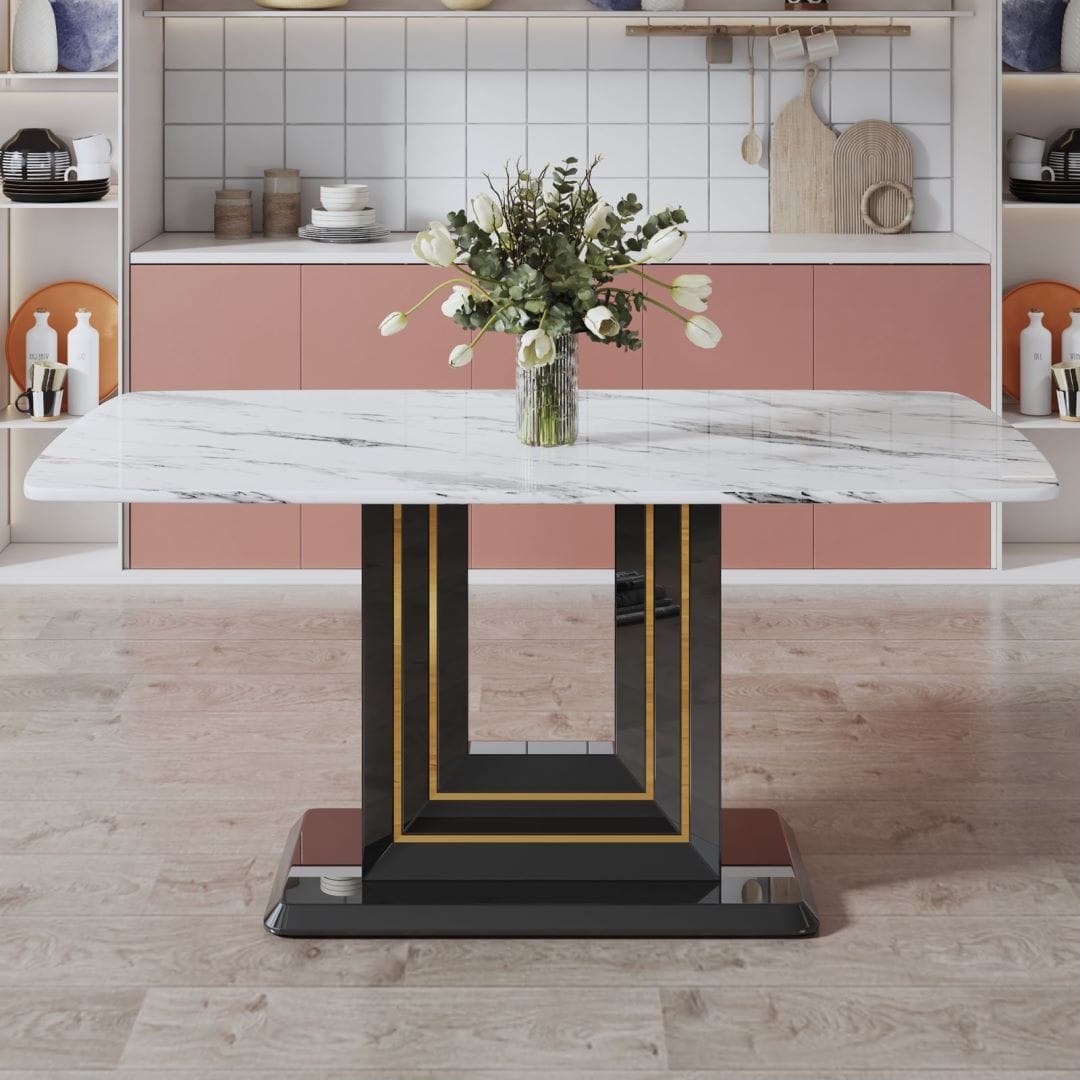Rectangular Glass Dining Table Marble Top Sturdy Black MDF Bracket