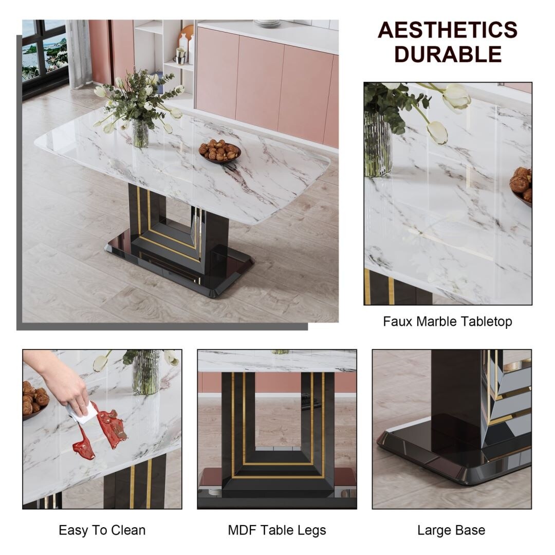 Rectangular Glass Dining Table Marble Top Sturdy Black MDF Bracket