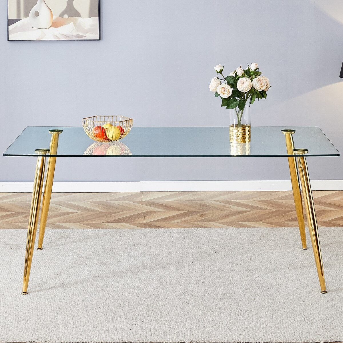 Rectangular Glass Dining Table, Suitable For 4-6 People, With Tempered Glass Countertop And Metal Legs, Writing Desk