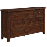 Rectangular Seven Drawer Wooden Dresser with Metal Pull Knobs and Tapered Feet, Antique Brown