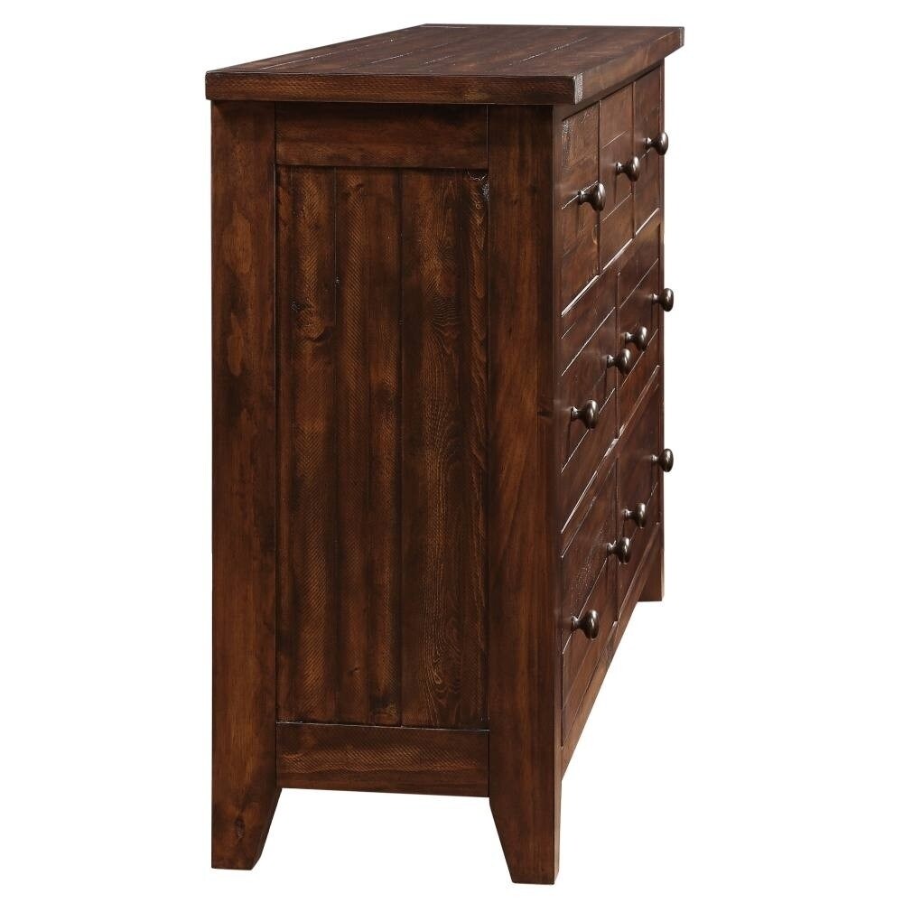 Rectangular Seven Drawer Wooden Dresser with Metal Pull Knobs and Tapered Feet, Antique Brown
