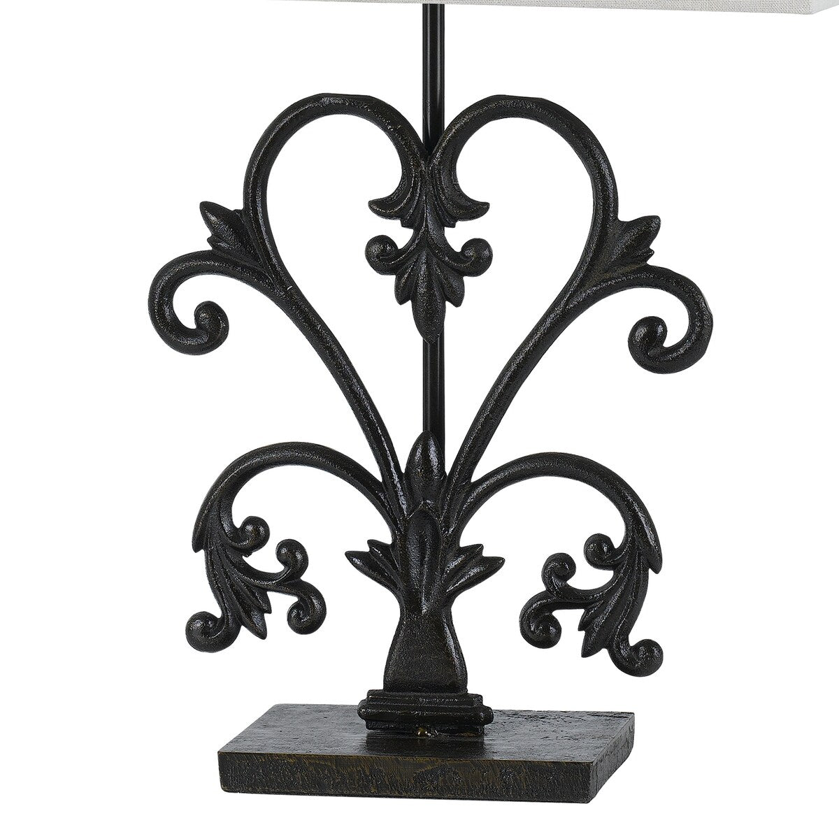 Rectangular Shade Table Lamp with Scrolled Metal Base, Off White and Black