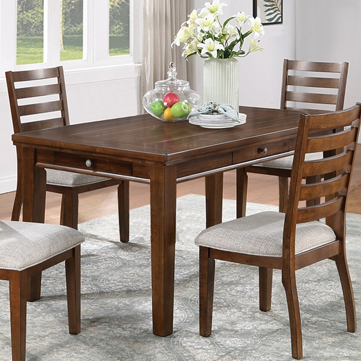 Rectangular Wooden Dining Table with 4 Small Drawers in Walnut