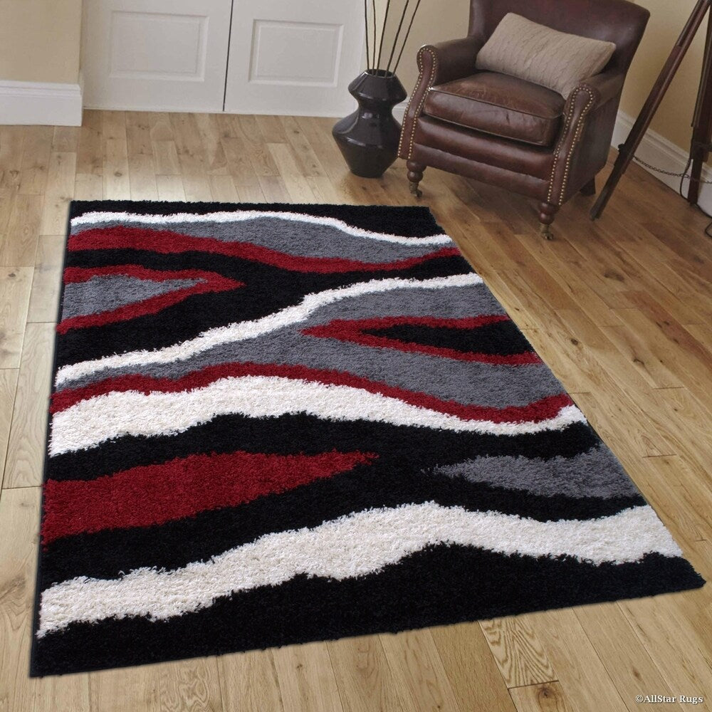Red/ Black Modern High Pile Posh Shaggy Brush Streak Printed Area Rug (5' X 7') - 4' 11"x7' 0"