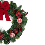 Red Bow and Mixed Foliage Artificial Christmas Wreath with Ornaments 30-Inch - 30"