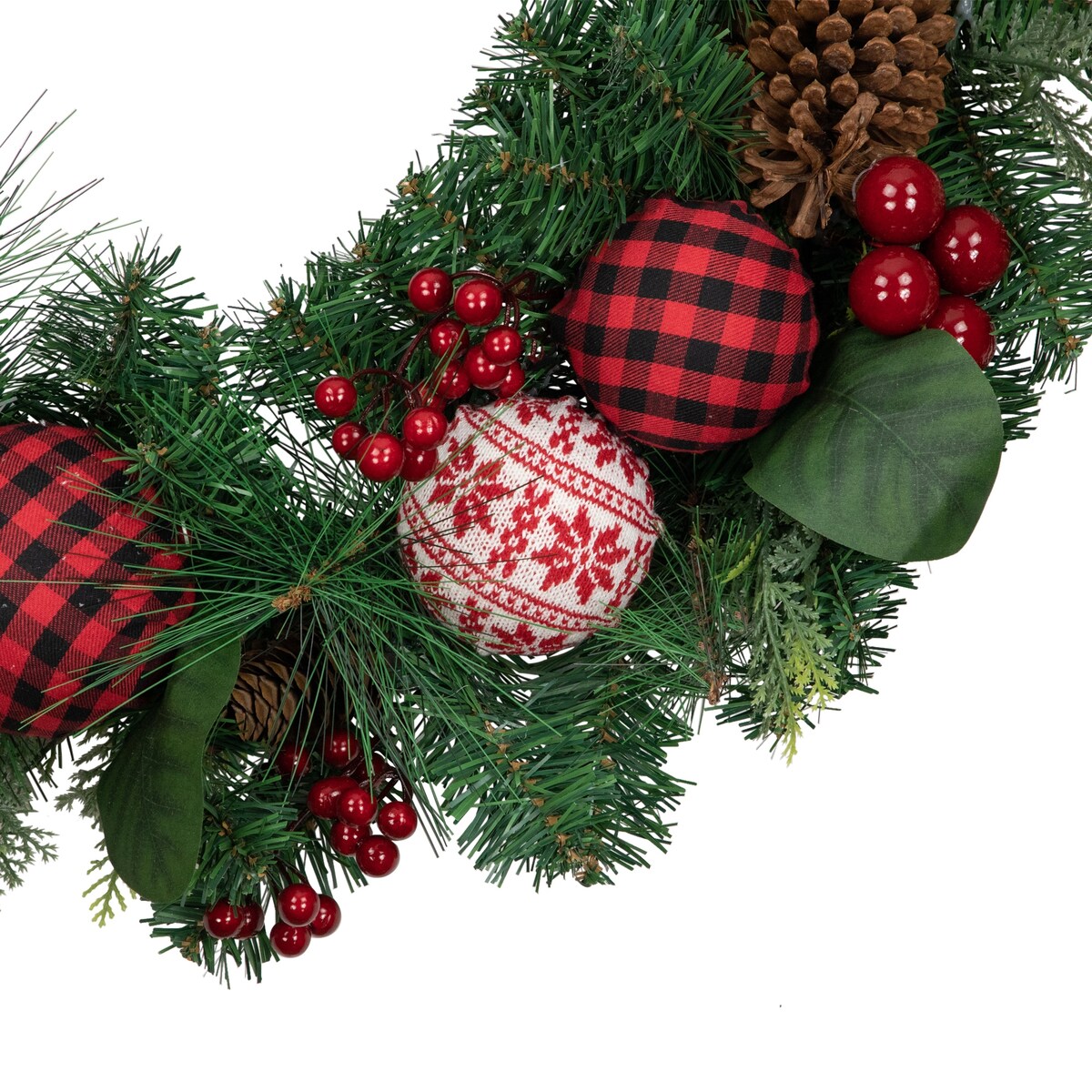 Red Bow and Mixed Foliage Artificial Christmas Wreath with Ornaments 30-Inch - 30"