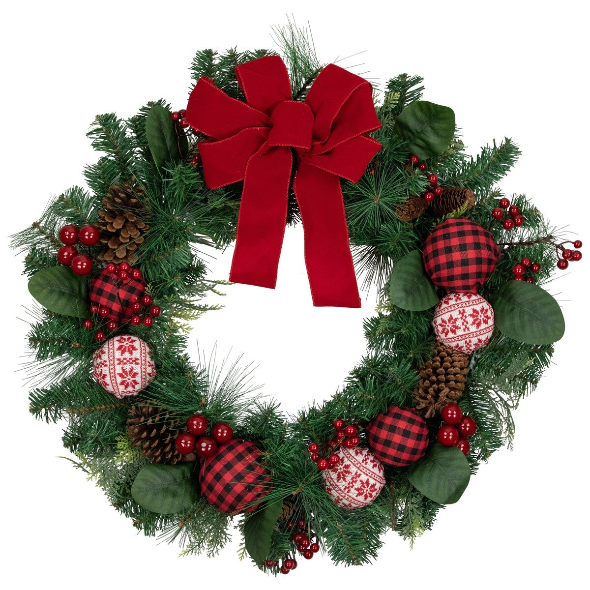 Red Bow and Mixed Foliage Artificial Christmas Wreath with Ornaments 30-Inch - 30"
