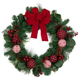 Red Bow and Mixed Foliage Artificial Christmas Wreath with Ornaments 30-Inch - 30"
