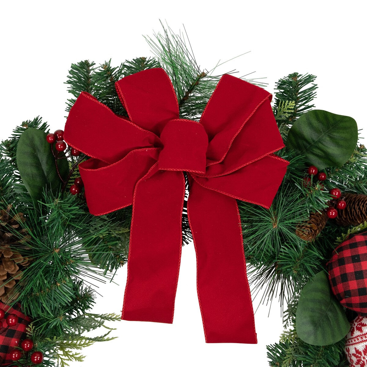 Red Bow and Mixed Foliage Artificial Christmas Wreath with Ornaments 30-Inch - 30"