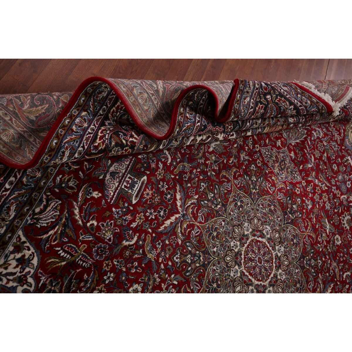 Red Floral Kashan Turkish Large Rug Medallion Machine-Made Carpet - 9'7" x 13'6"