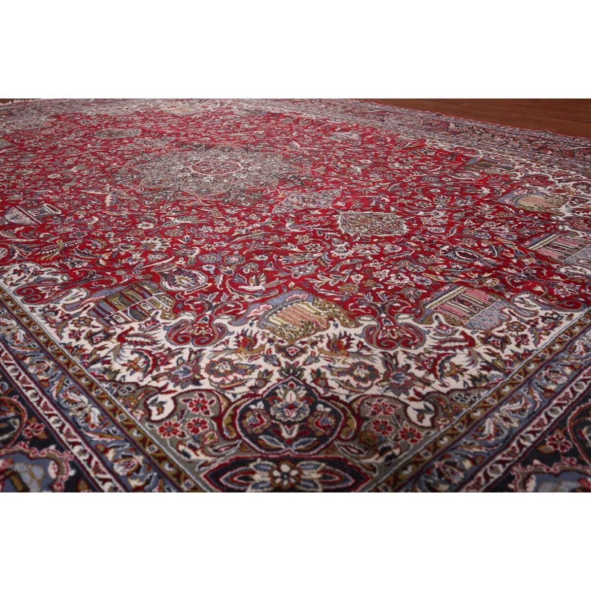 Red Floral Kashan Turkish Large Rug Medallion Machine-Made Carpet - 9'7" x 13'6"