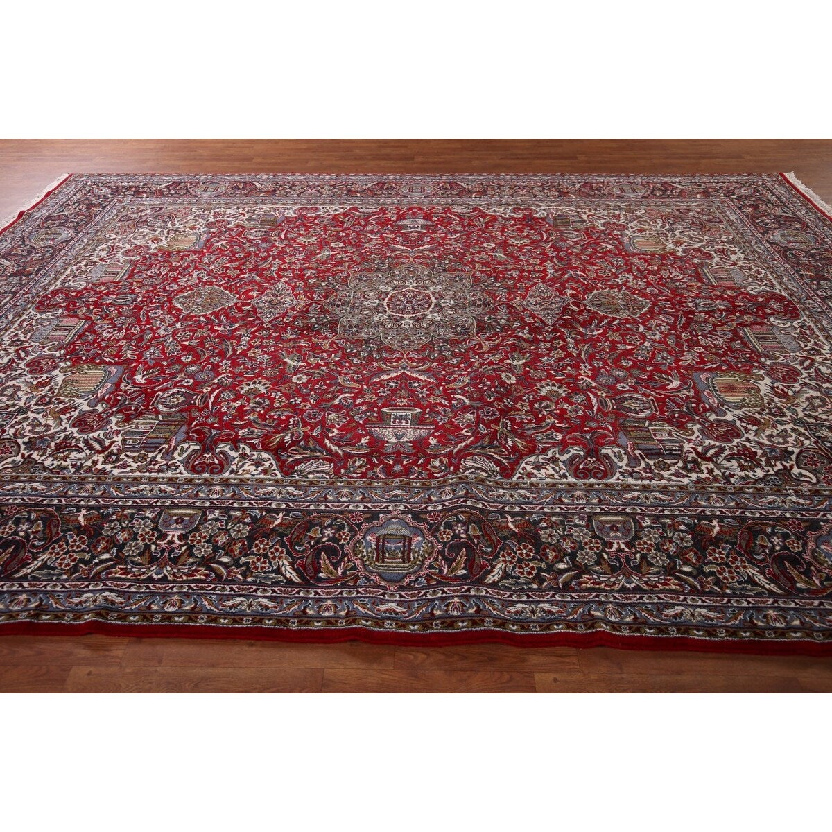 Red Floral Kashan Turkish Large Rug Medallion Machine-Made Carpet - 9'7" x 13'6"
