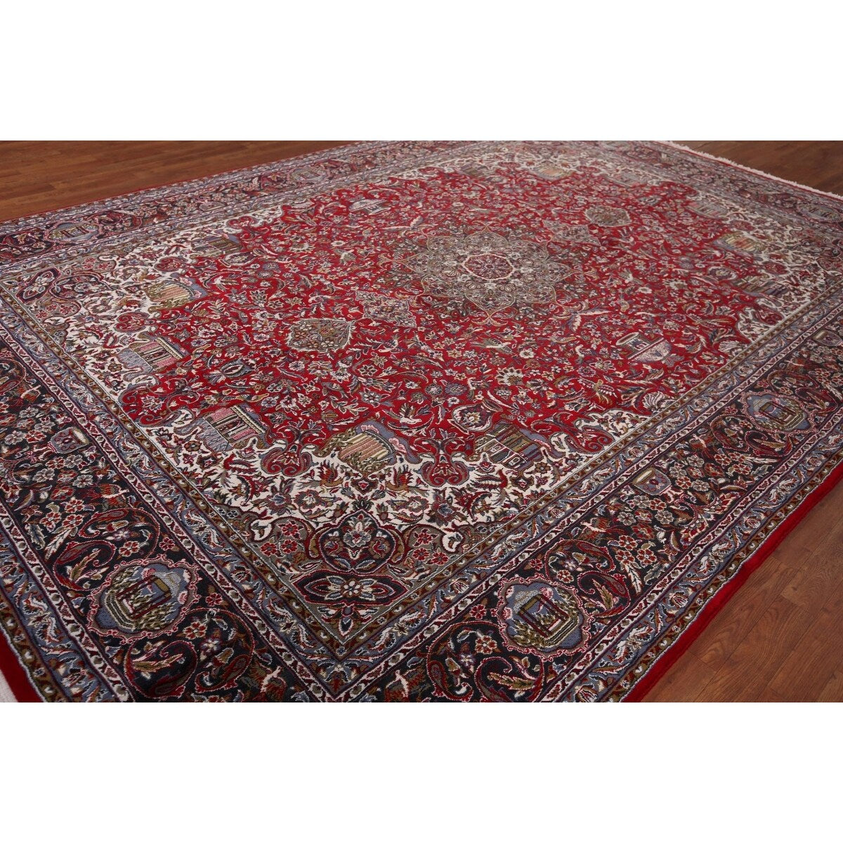 Red Floral Kashan Turkish Large Rug Medallion Machine-Made Carpet - 9'7" x 13'6"