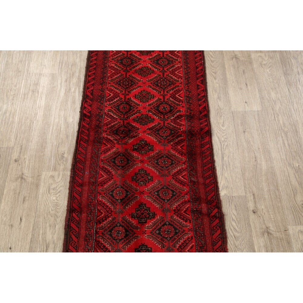 Red Geometric Balouch Oriental Narrow Runner Rug Hand-Knotted Carpet - 2'0" x 6'0"
