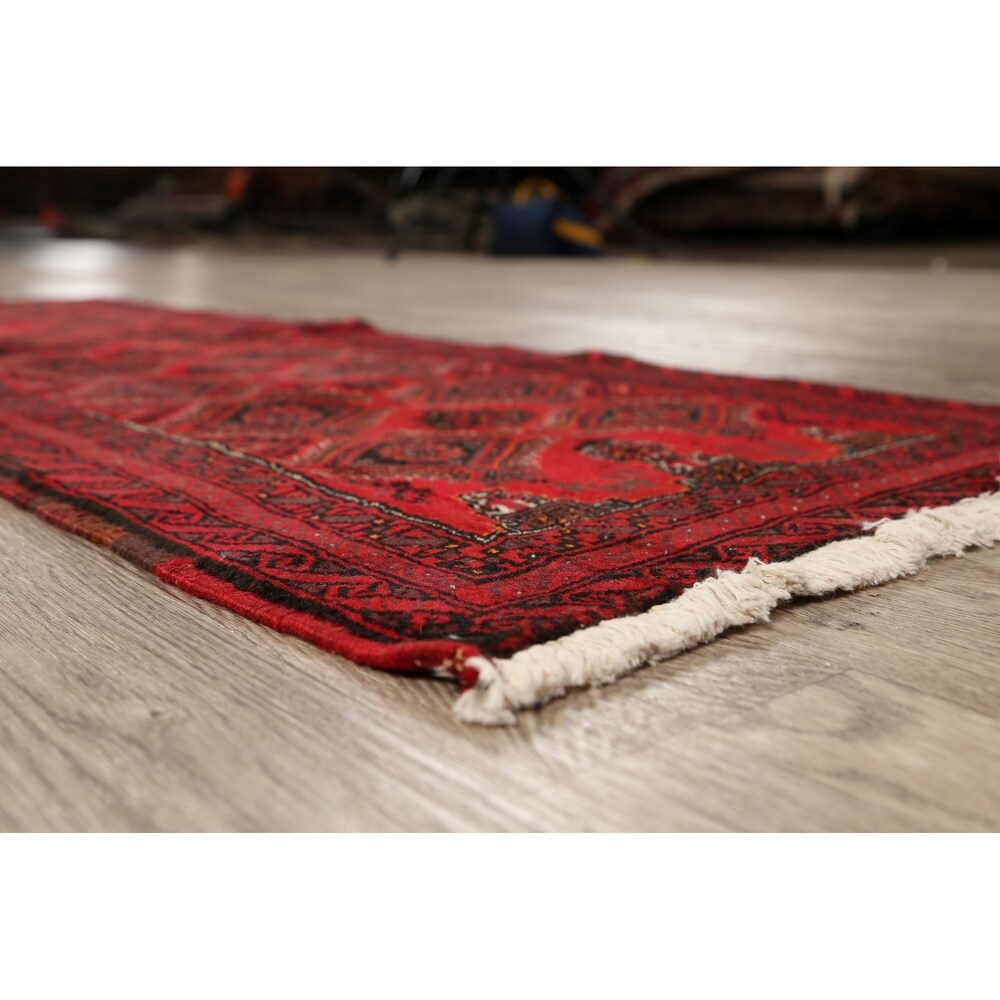 Red Geometric Balouch Oriental Narrow Runner Rug Hand-Knotted Carpet - 2'0" x 6'0"
