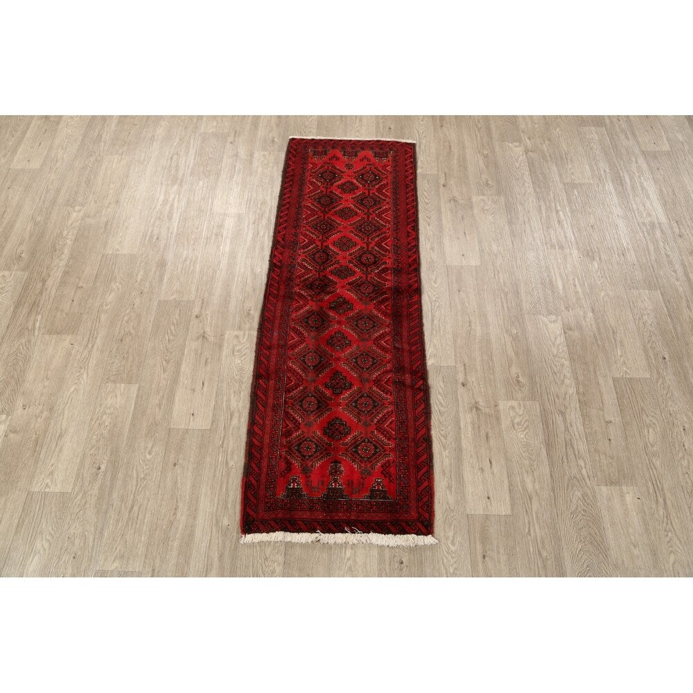 Red Geometric Balouch Oriental Narrow Runner Rug Hand-Knotted Carpet - 2'0" x 6'0"